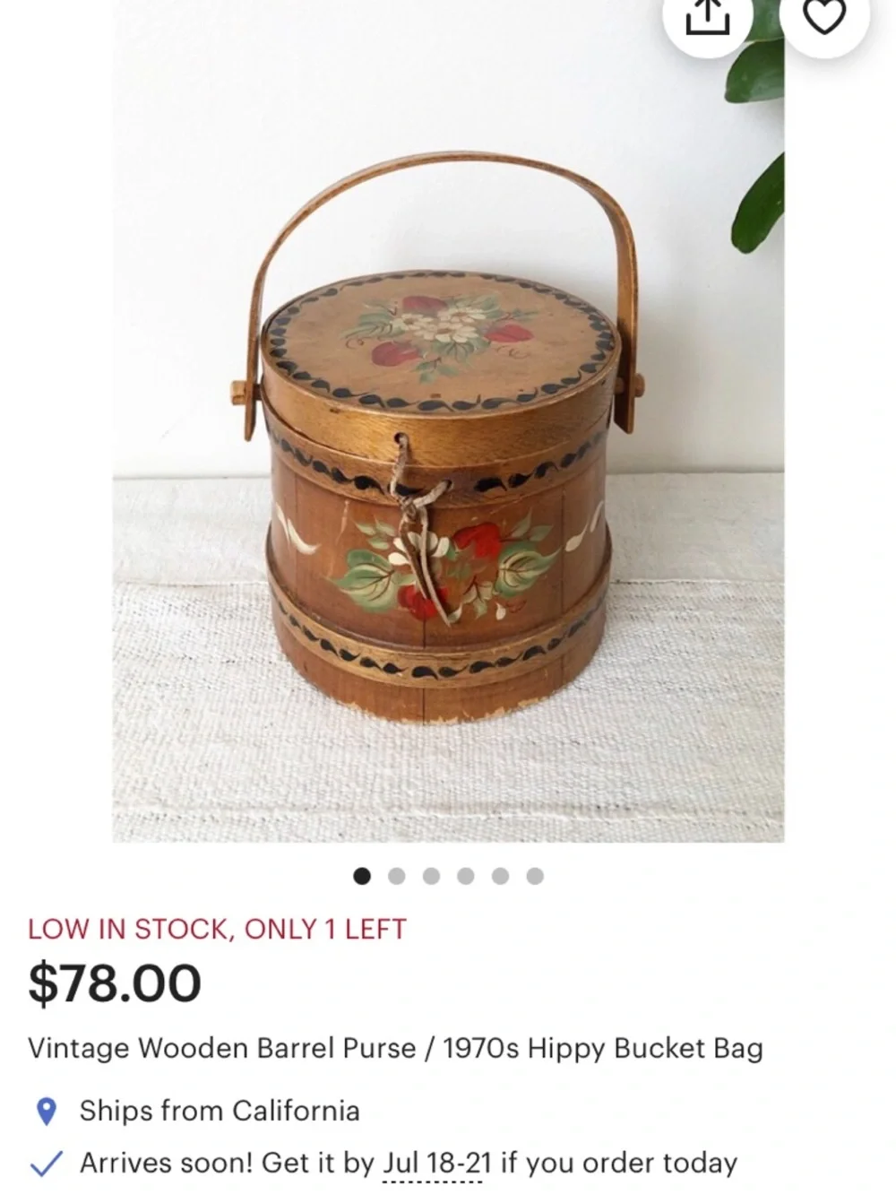 Vintage Hand-Painted Floral Wooden Box with Handle - Natural Wood